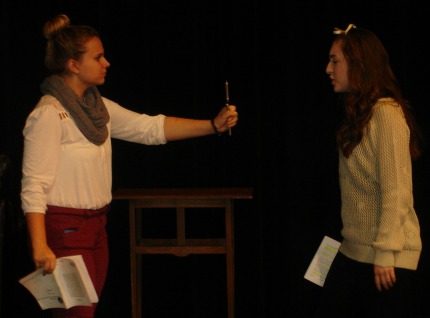 Natasha Potts and Rebecca Fuller rehearse a scene from Dracula.