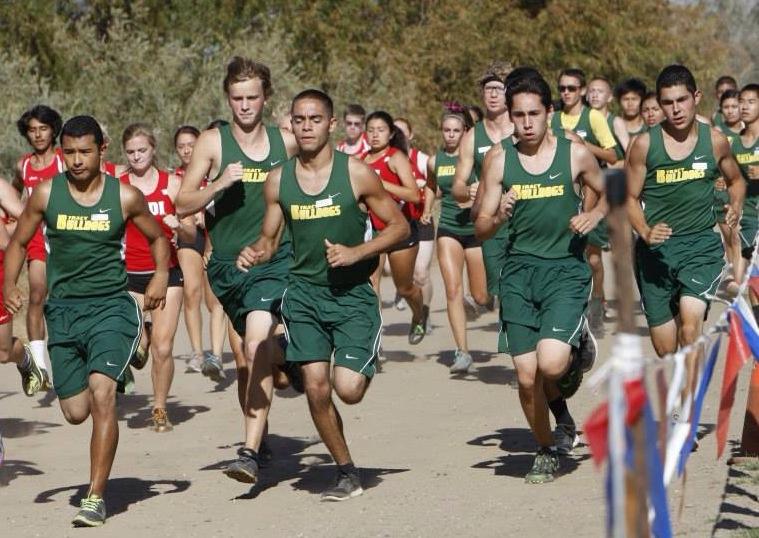 The starters of Tracy Highs cross country team runs against Lodi at Eagle Lakes.

