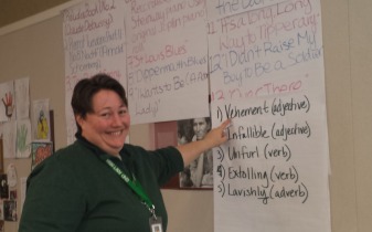 English teacher, Mrs. Rule shows  vocab terms to the class.