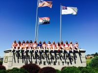 Hannibal-LaGrange University womens soccer team takes its annual picture on the sign in front of the school. 