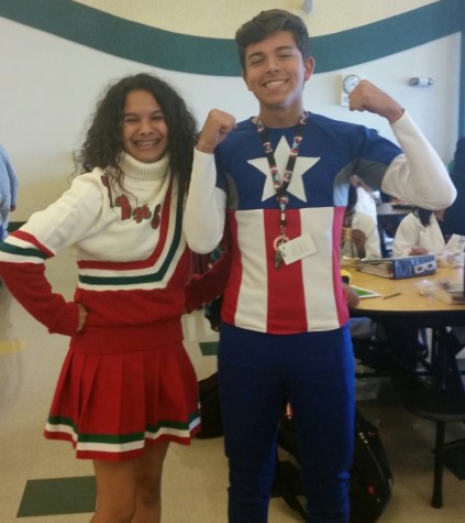 Gabrielle Arrieta and Kellan Shay dress up as a cheerleader and captain America.