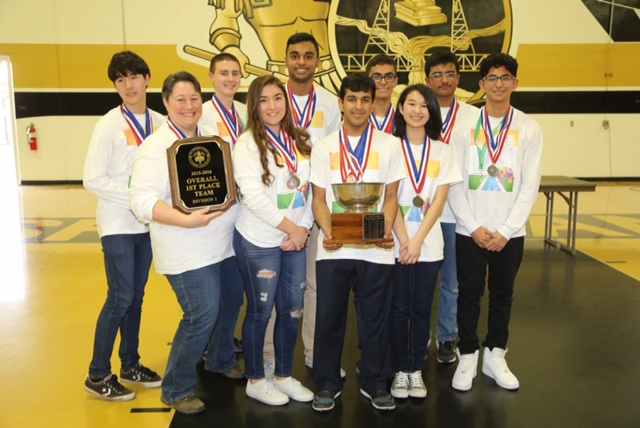 Academic Decathlon team poses for a photo after its victory at Lathrop High on Feb 6.