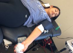 Sandra Omacho donates blood.