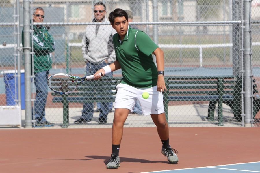 Tracy High senior Eric Louwerens plays Kimball at the teams match on March 14.