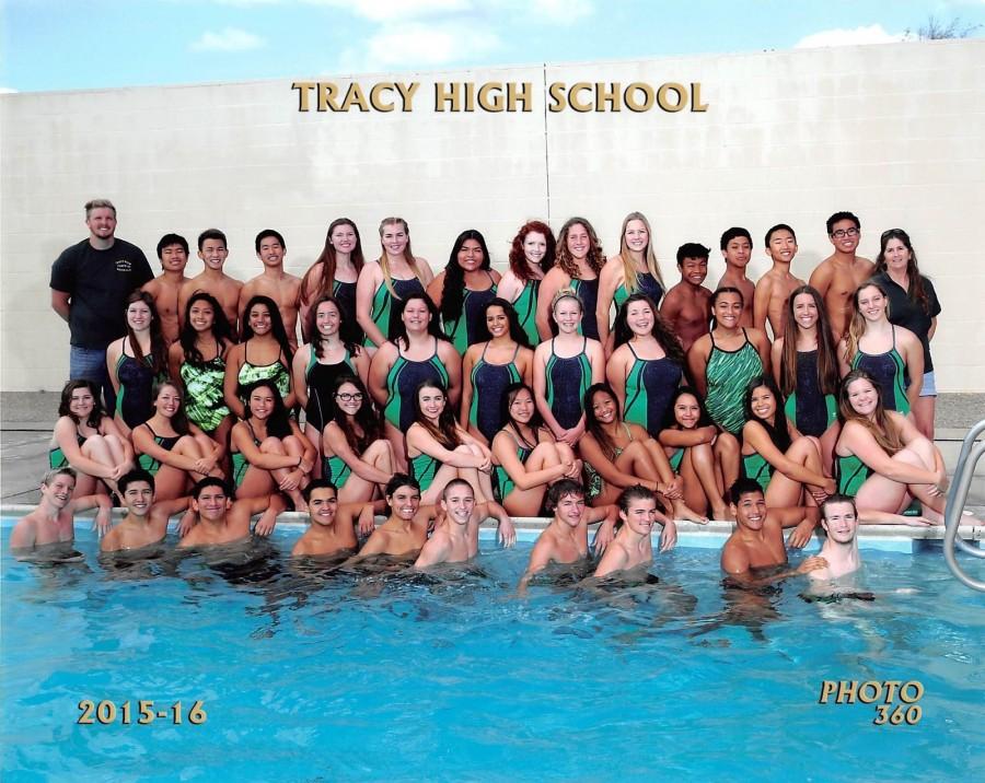 Tracy High swim team poses for a group team picture. 