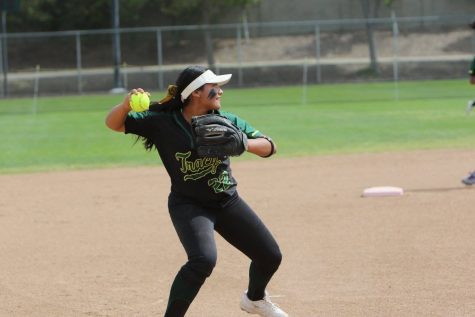 Rachel Cid ready to throw the ball to first on May 3.