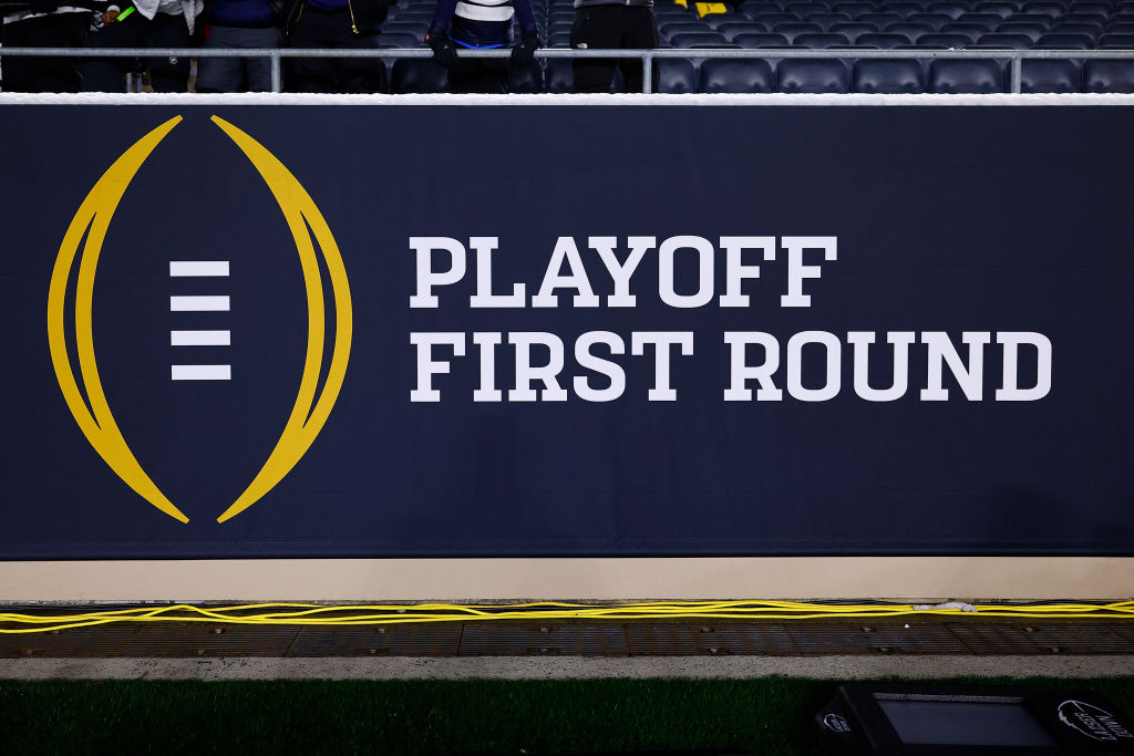 SOUTH BEND, IN - DECEMBER 20: The CFP Playoff First Round Logo on display during the CFP first round game between the Indiana Hoosiers and Notre Dame Fighting Irish on December 20, 2024 at Notre Dame Stadium in South Bend, IN.  (Photo by Jeffrey Brown/Icon Sportswire via Getty Images)